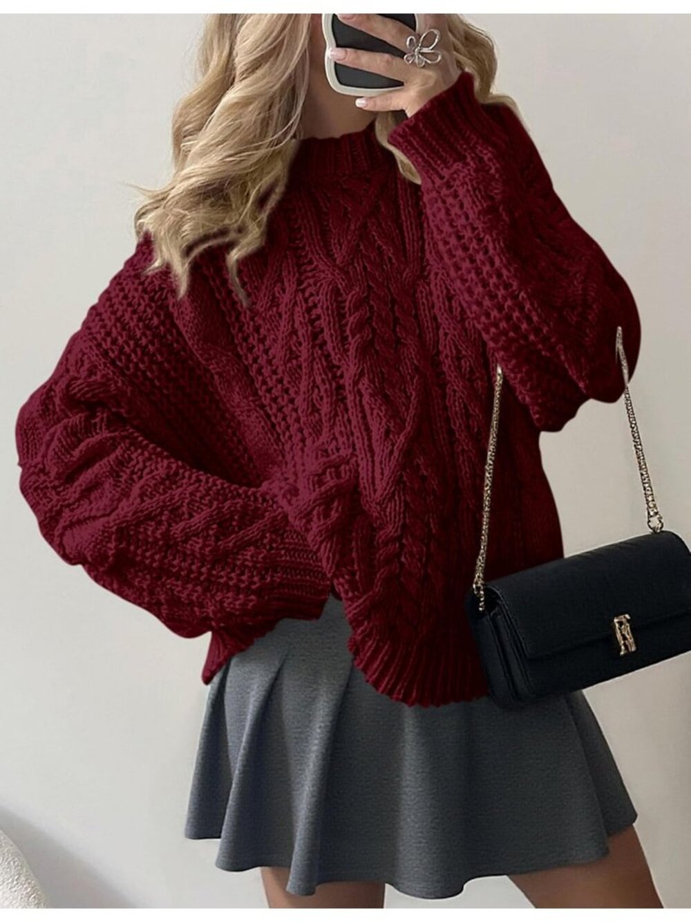 Women's Burgundy Cozy Long Sleeve Loose Fitting Classic Crew Neck Fall Sweaters - Picture 4 of 6